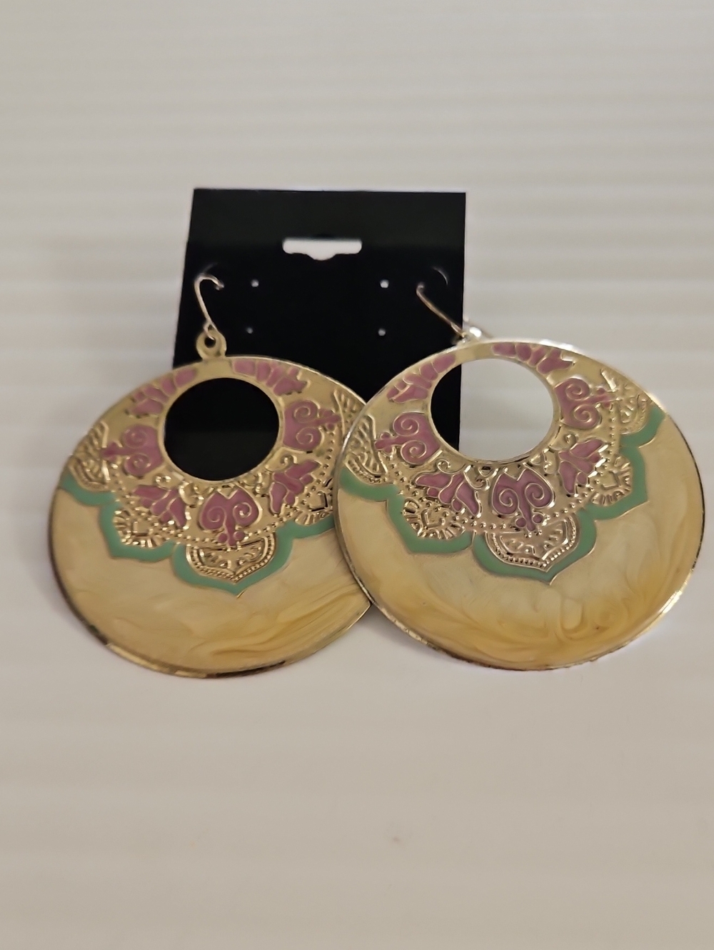 Gold Tone Round Filigree Drop Earrings with Pink and Green Accents